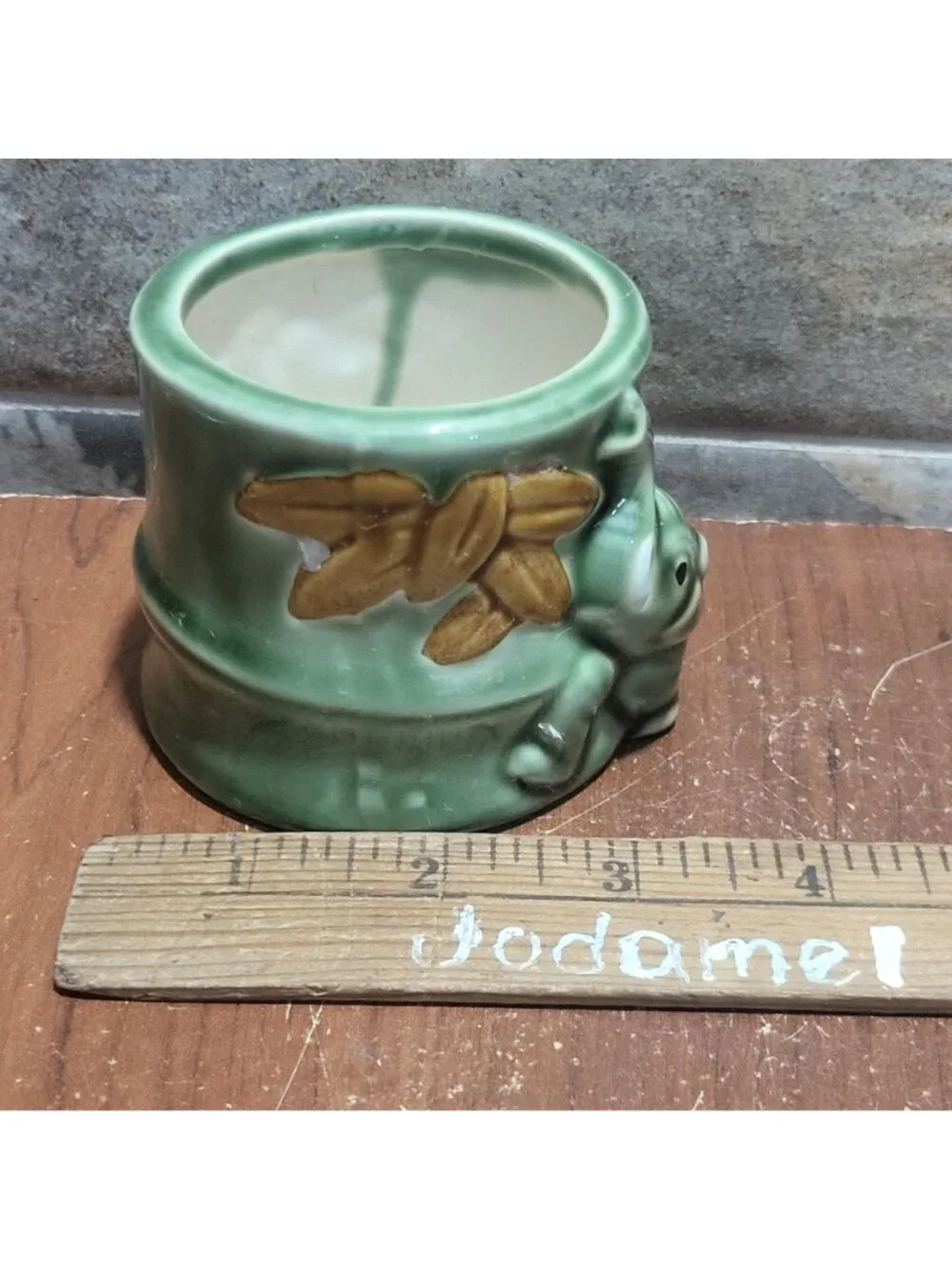 Vintage Majolica Green Ceramic Elephant Trunk Up Planter Pot Mid Century Decor